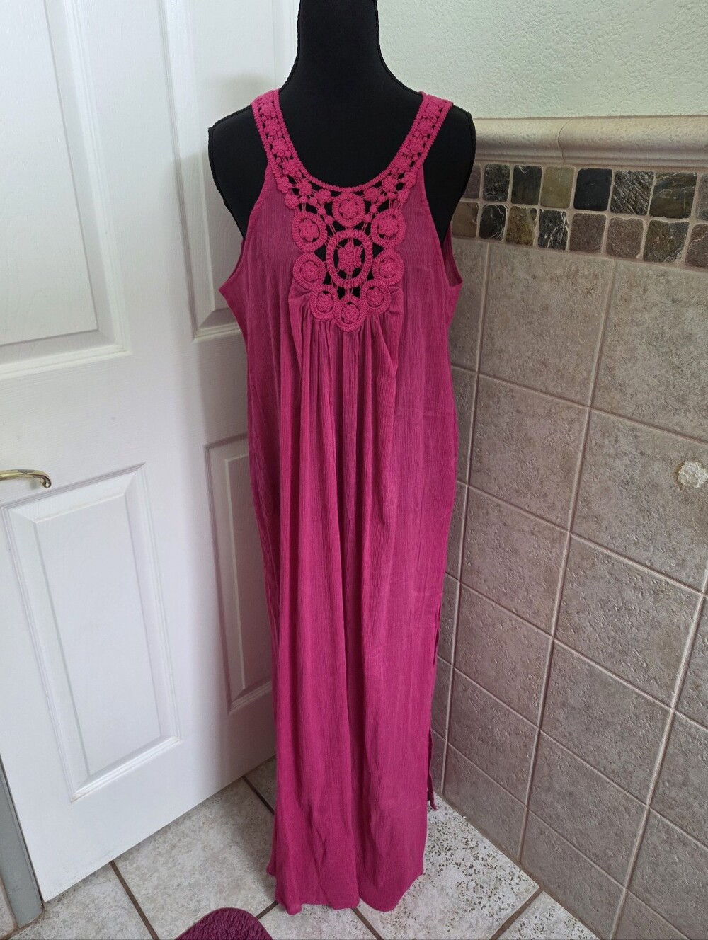 Fuchsia Maxi Dress Cover-Up 100% Cotton Crochet Front Summer Vacay Resortwear Lg
